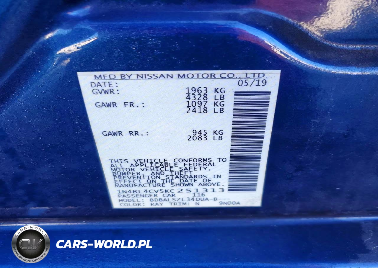 2019 Nissan Altima Sr VIN:1N4BL4CV5KC251313 - 12