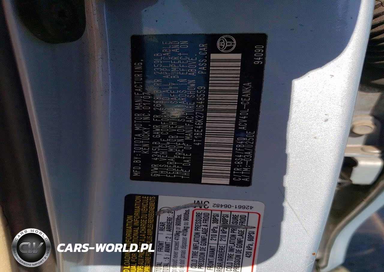 2007 Toyota Camry Le VIN:4T1BE46K27U648559 - 12