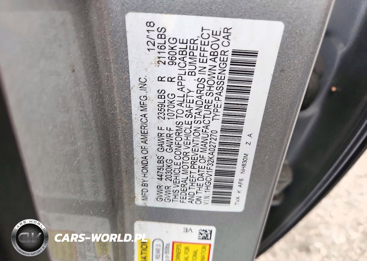 2019 Honda Accord Sport VIN:1HGCV1F32KA027270 - 12