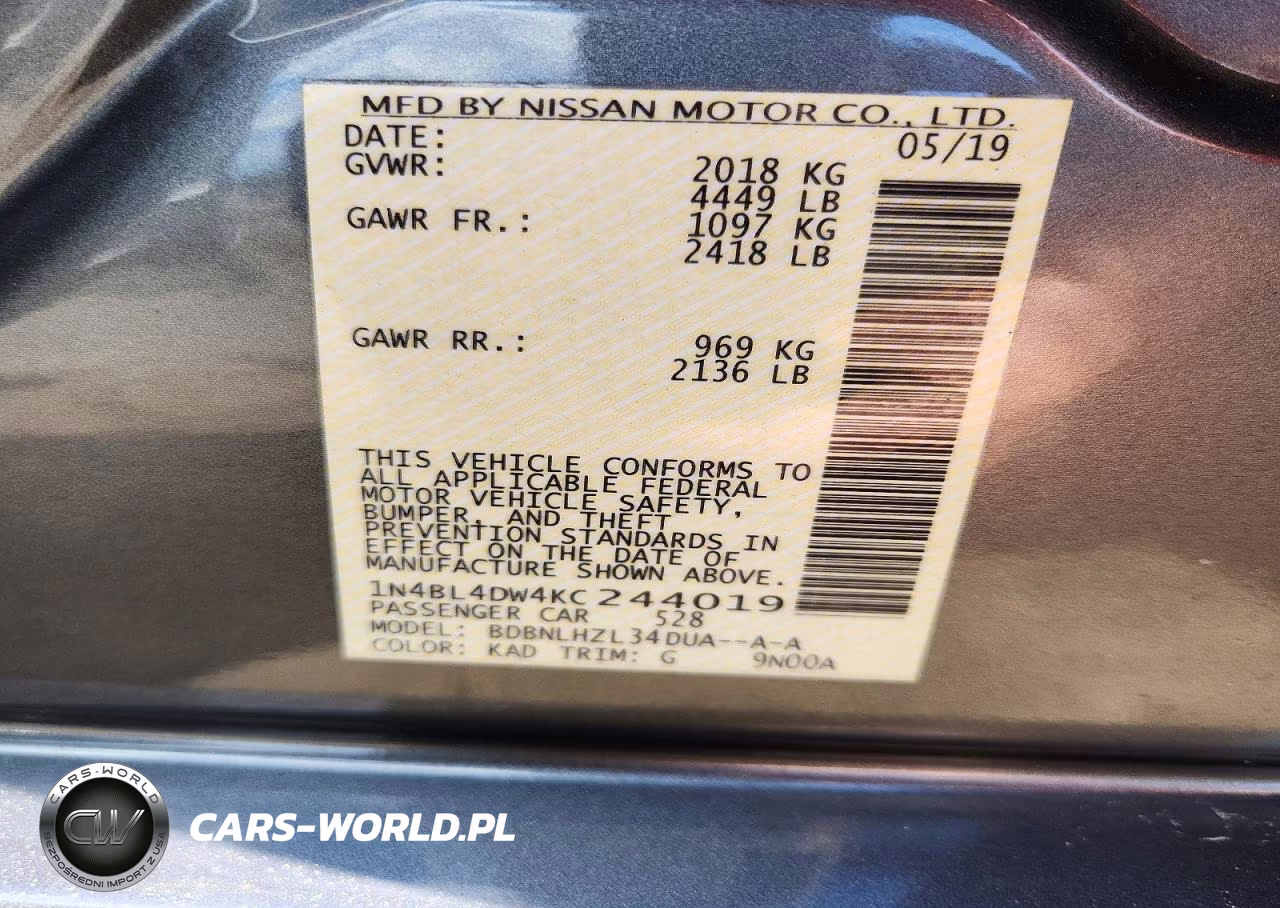 2019 Nissan Altima Sv VIN:1N4BL4DW4KC244019 - 13