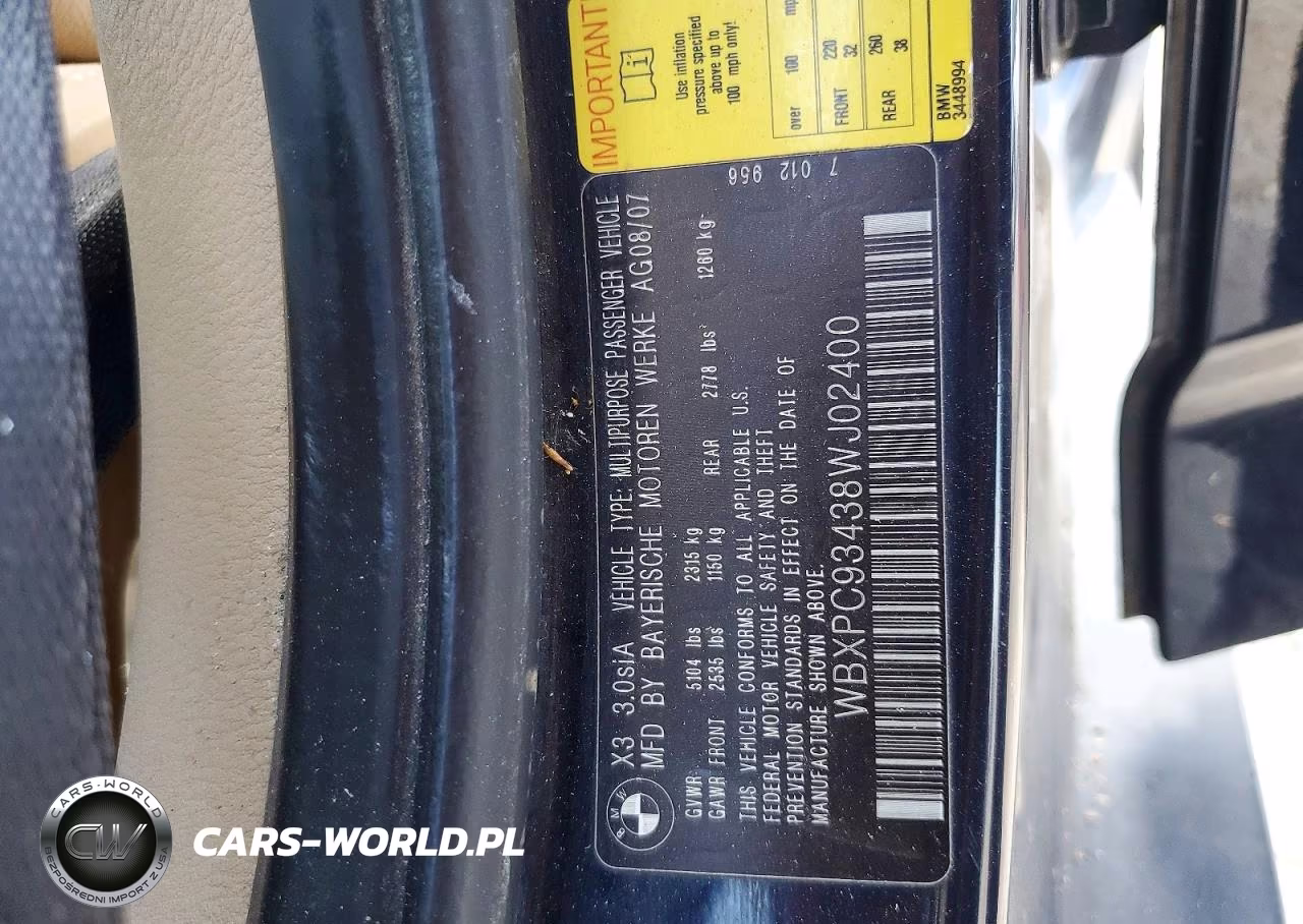 2008 BMW X3 3.0Si VIN:WBXPC93438WJ02400 - 12