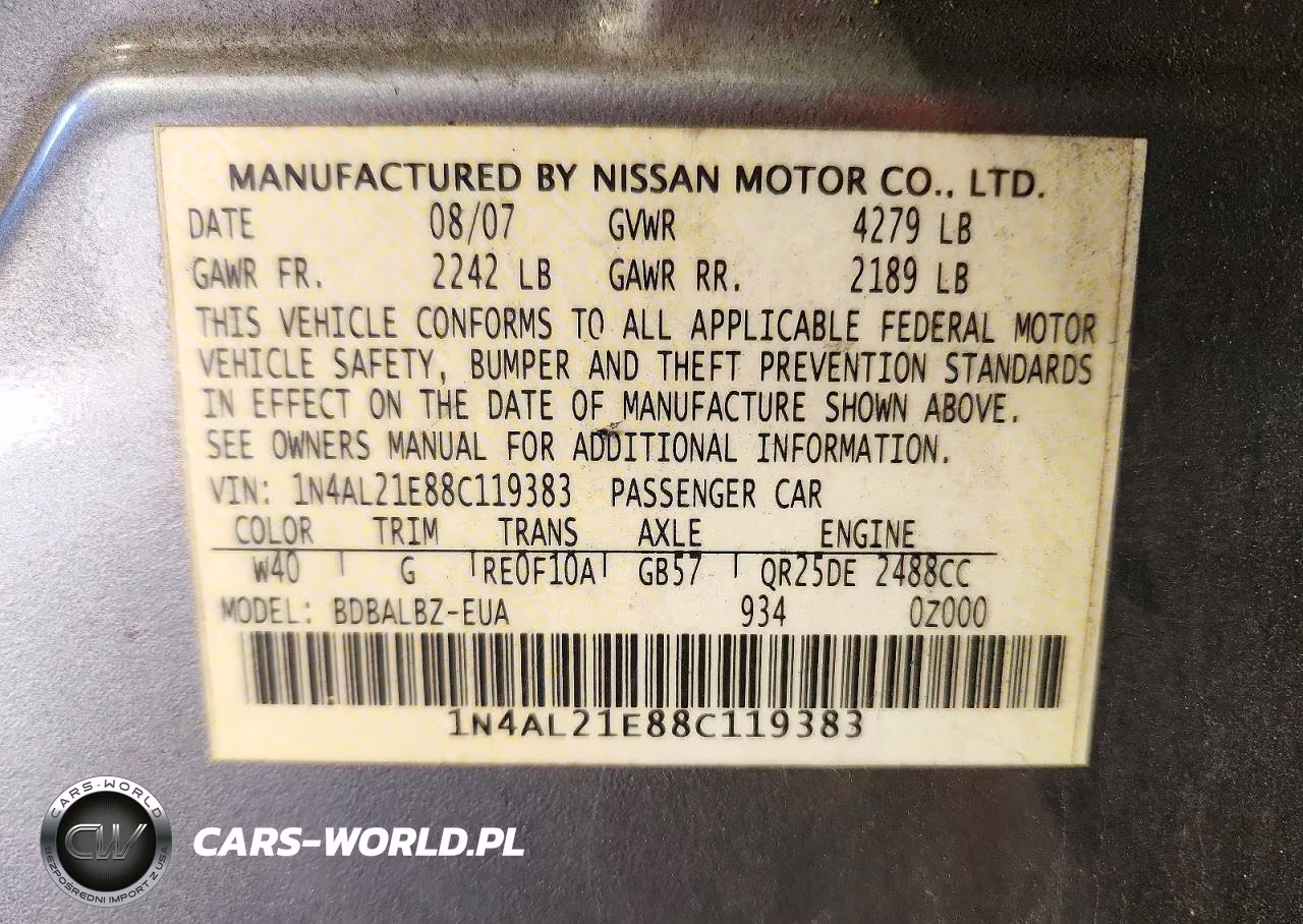 2008 Nissan Altima 2.5 VIN:1N4AL21E88C119383 - 13