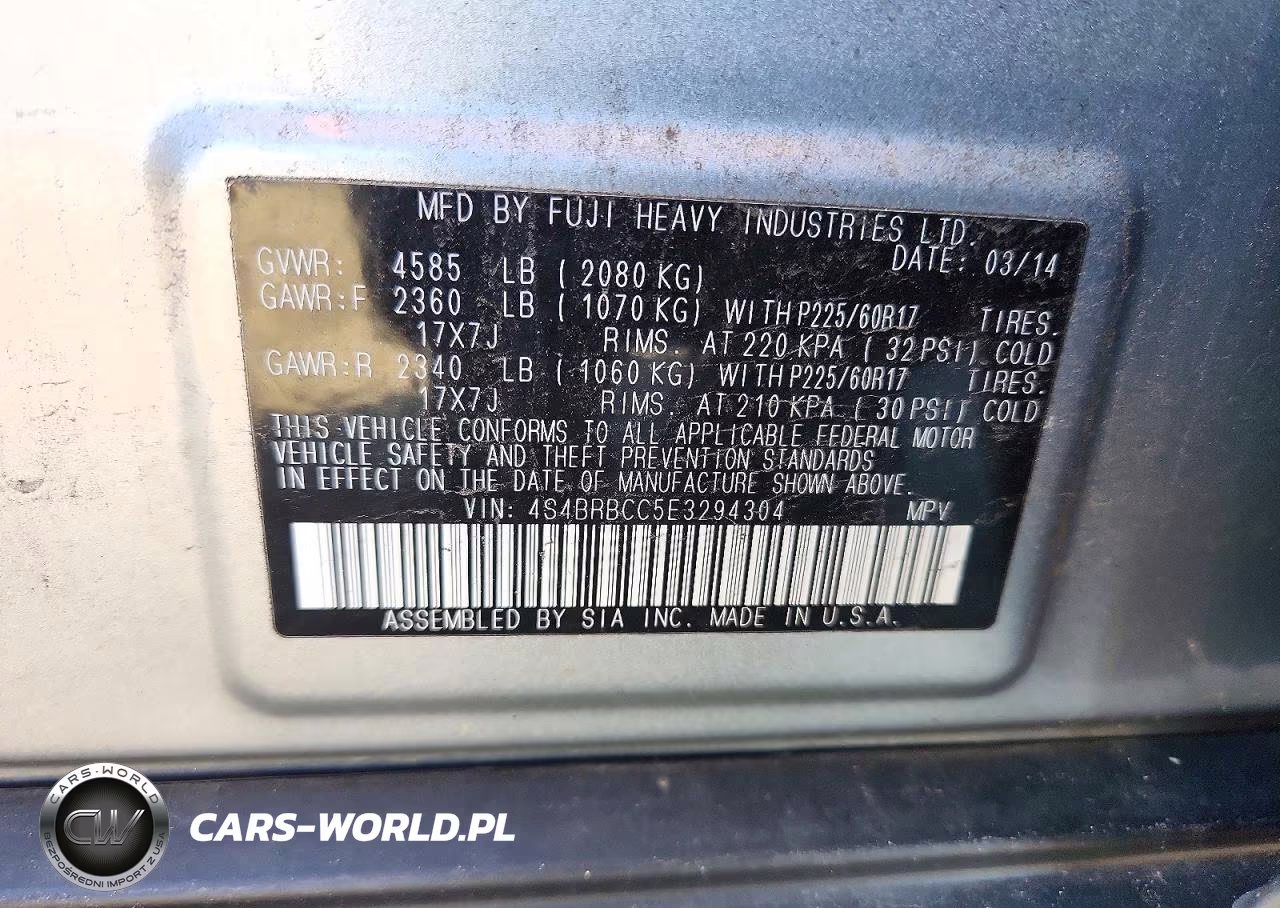 2014 Subaru Outback 2.5I Premium VIN:4S4BRBCC5E3294304 - 14
