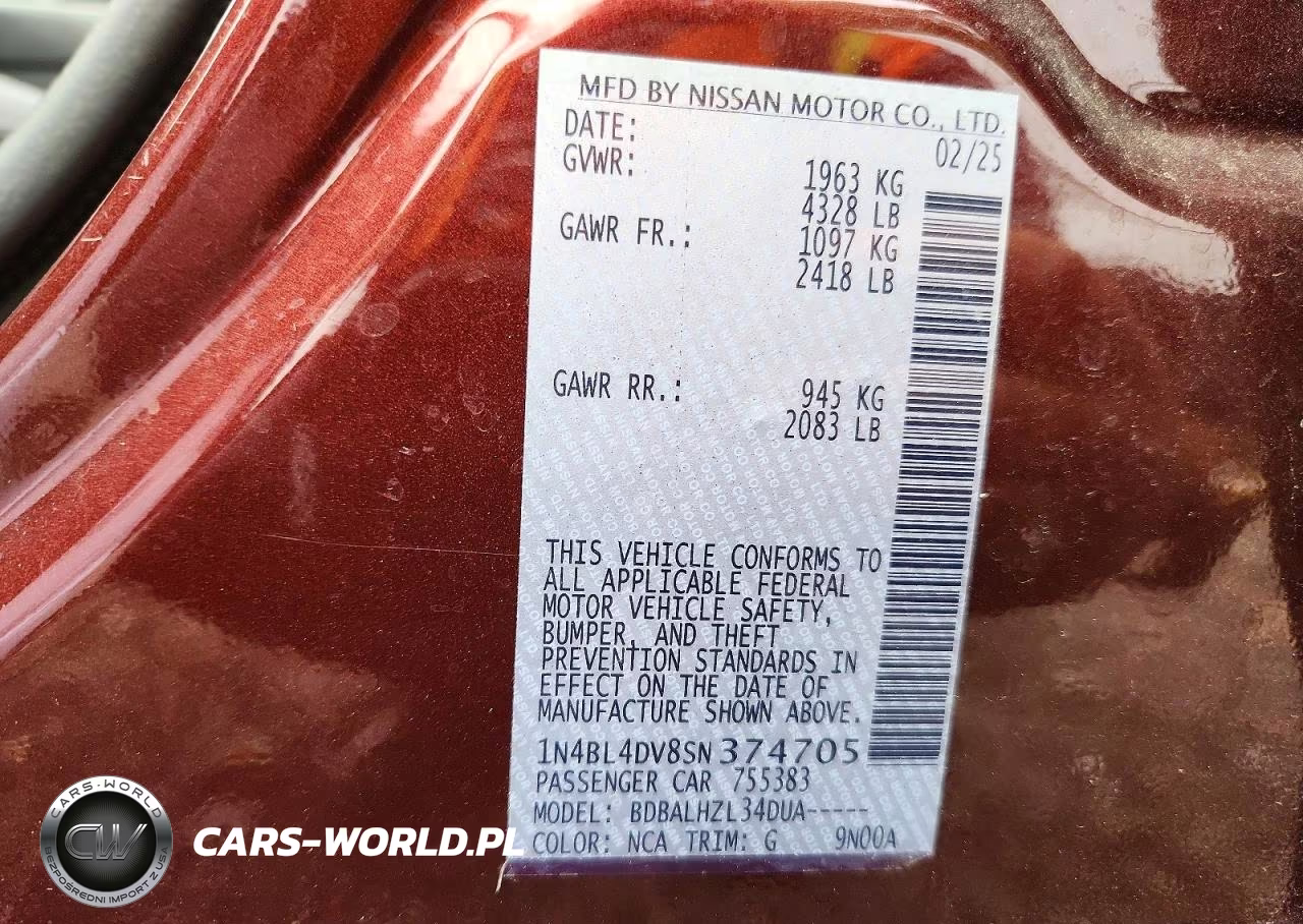 2025 Nissan Altima Sv VIN:1N4BL4DV8SN374705 - 12