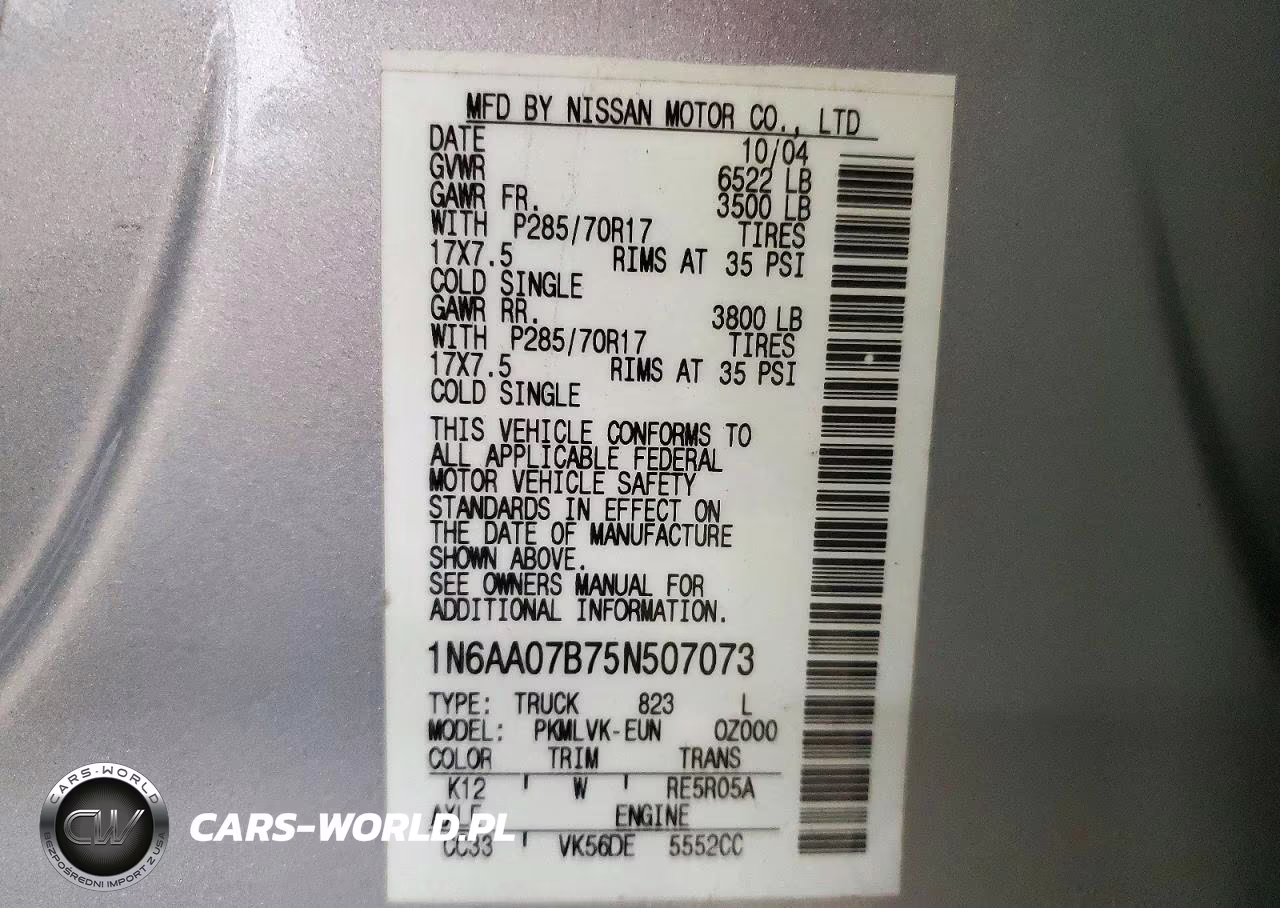 2005 Nissan Titan Xe VIN:1N6AA07B75N507073 - 12