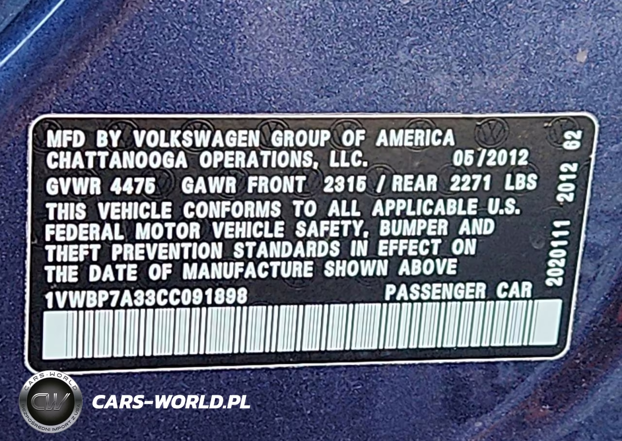 2012 Volkswagen Passat Se VIN:1VWBP7A33CC091898 - 12