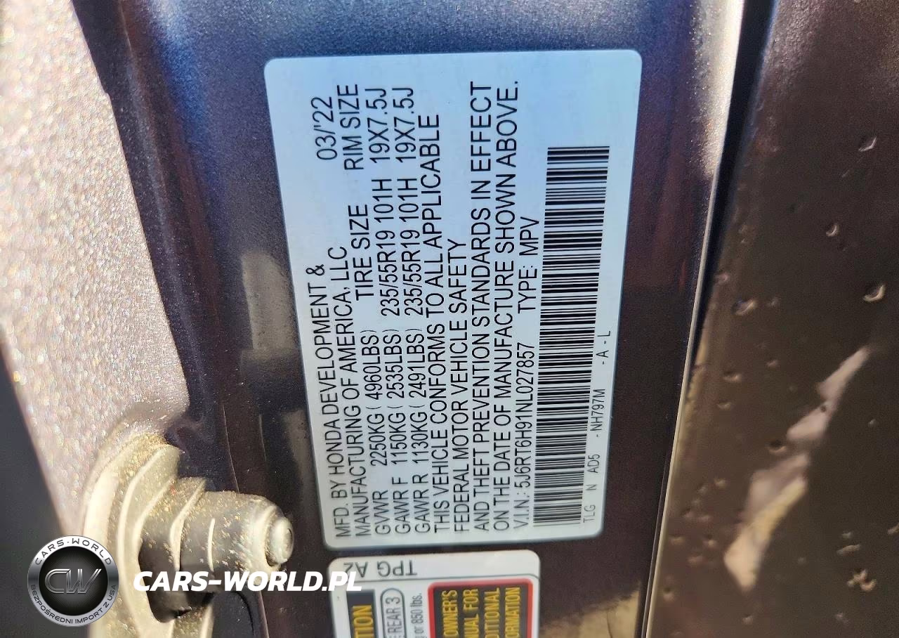 2022 Honda Cr-V Touring VIN:5J6RT6H91NL027857 - 13