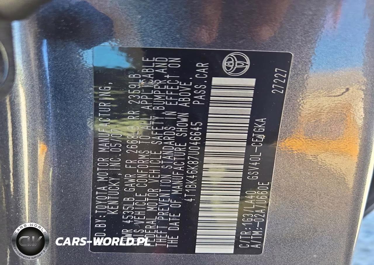 2007 Toyota Camry Xle V6 VIN:4T1BK46K87U046645 - 12