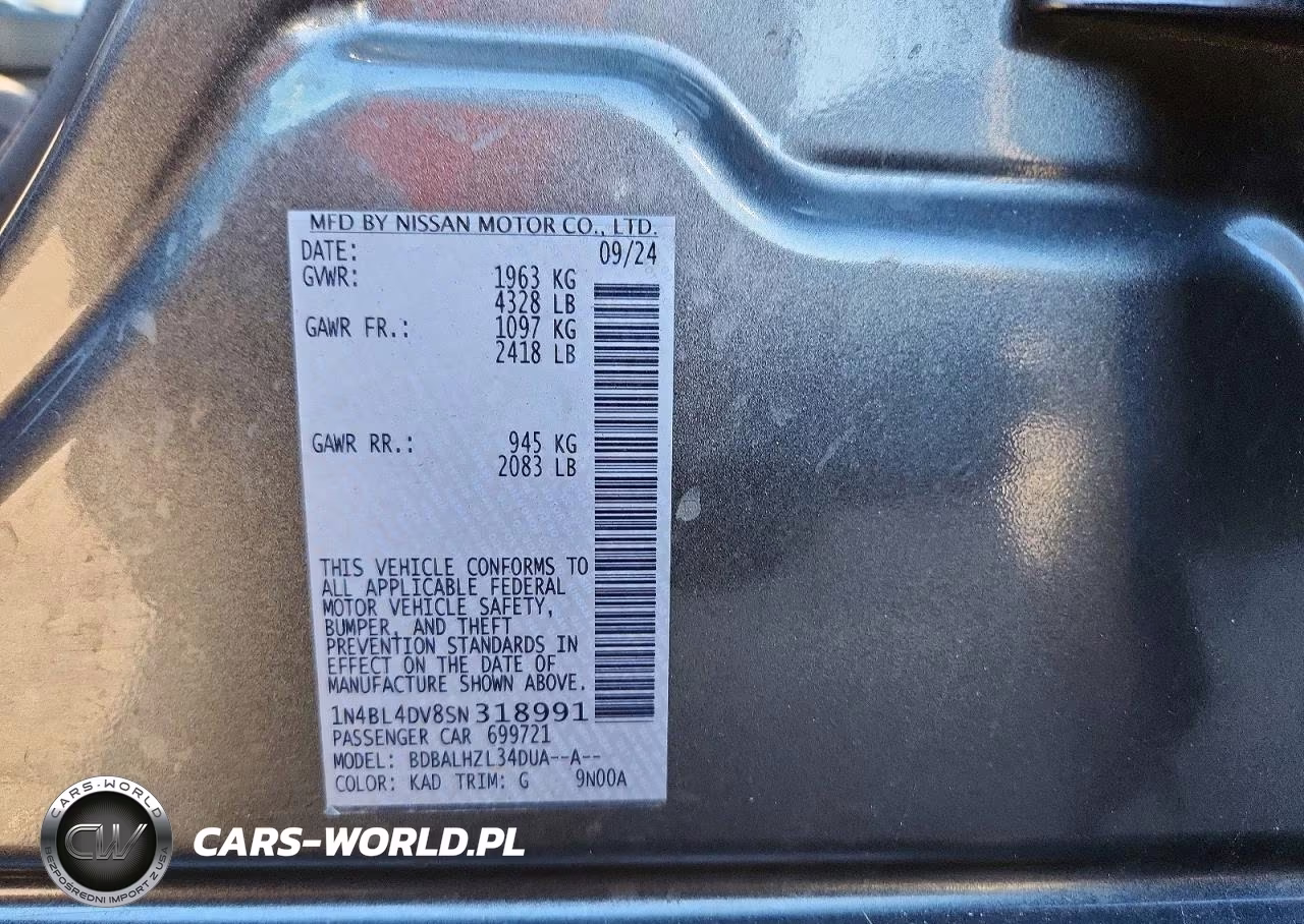 2025 Nissan Altima Sv VIN:1N4BL4DV8SN318991 - 12