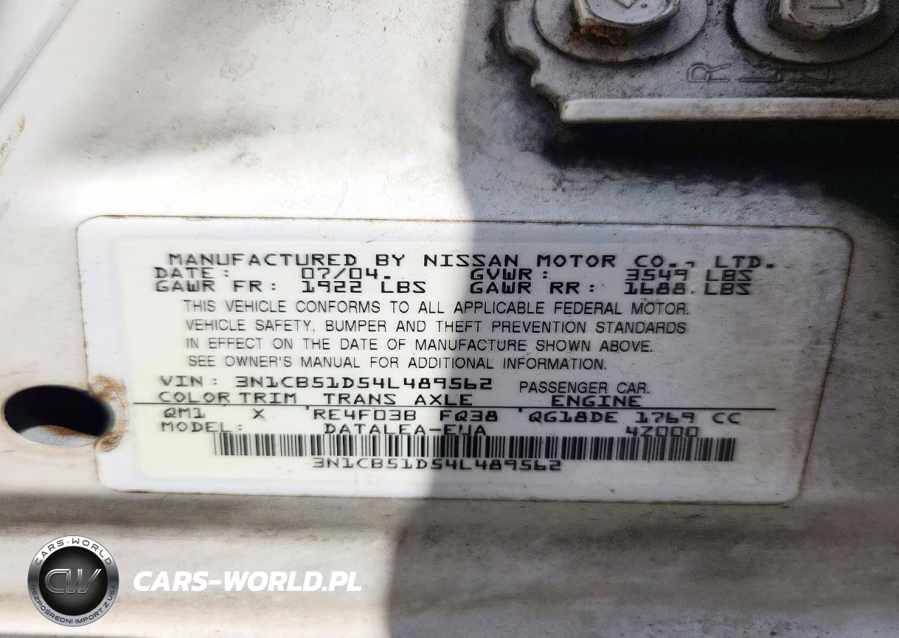 2004 Nissan Sentra 1.8 VIN:3N1CB51D54L489562 - 13