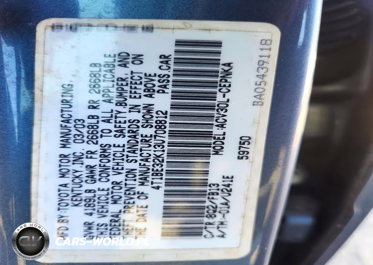 2003 Toyota Camry Le VIN:4T1BE32K13U708812 - 12