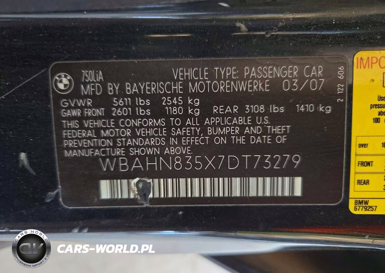 2007 BMW 750 VIN:WBAHN835X7DT73279 - 12