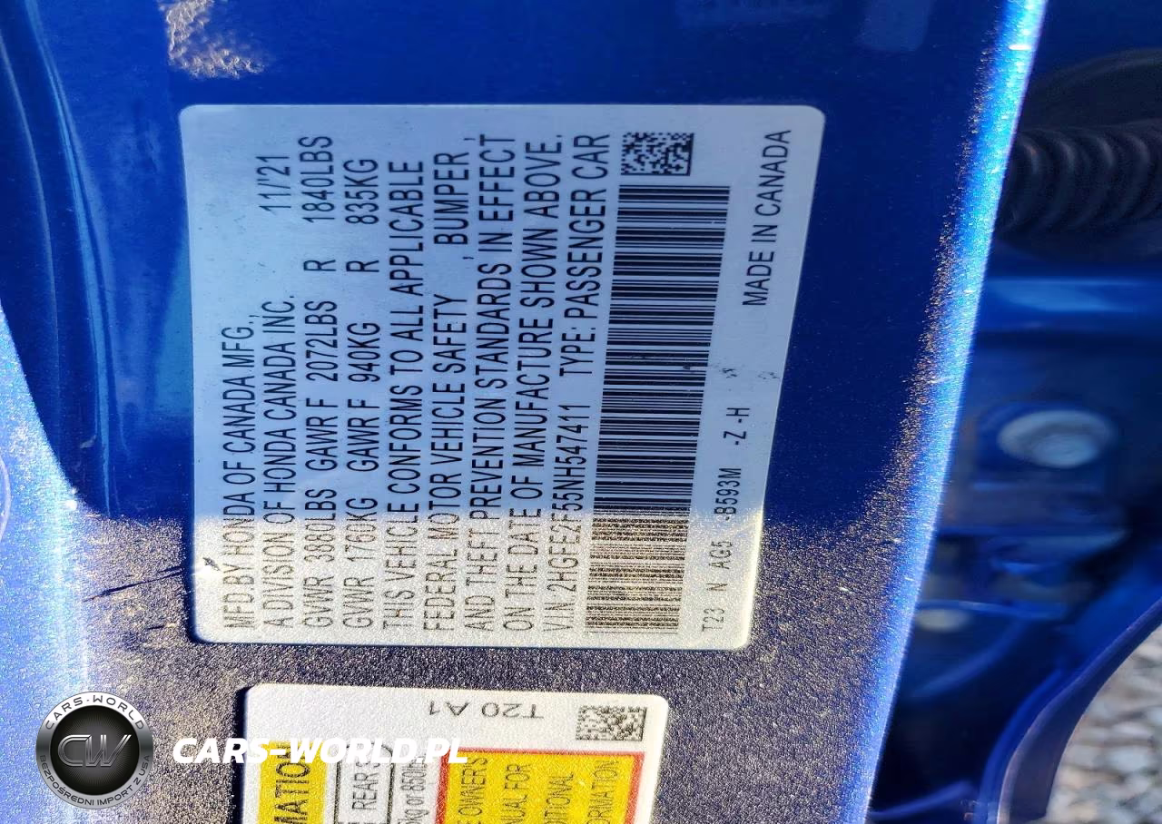 2022 Honda Civic Sport VIN:2HGFE2F55NH547411 - 13