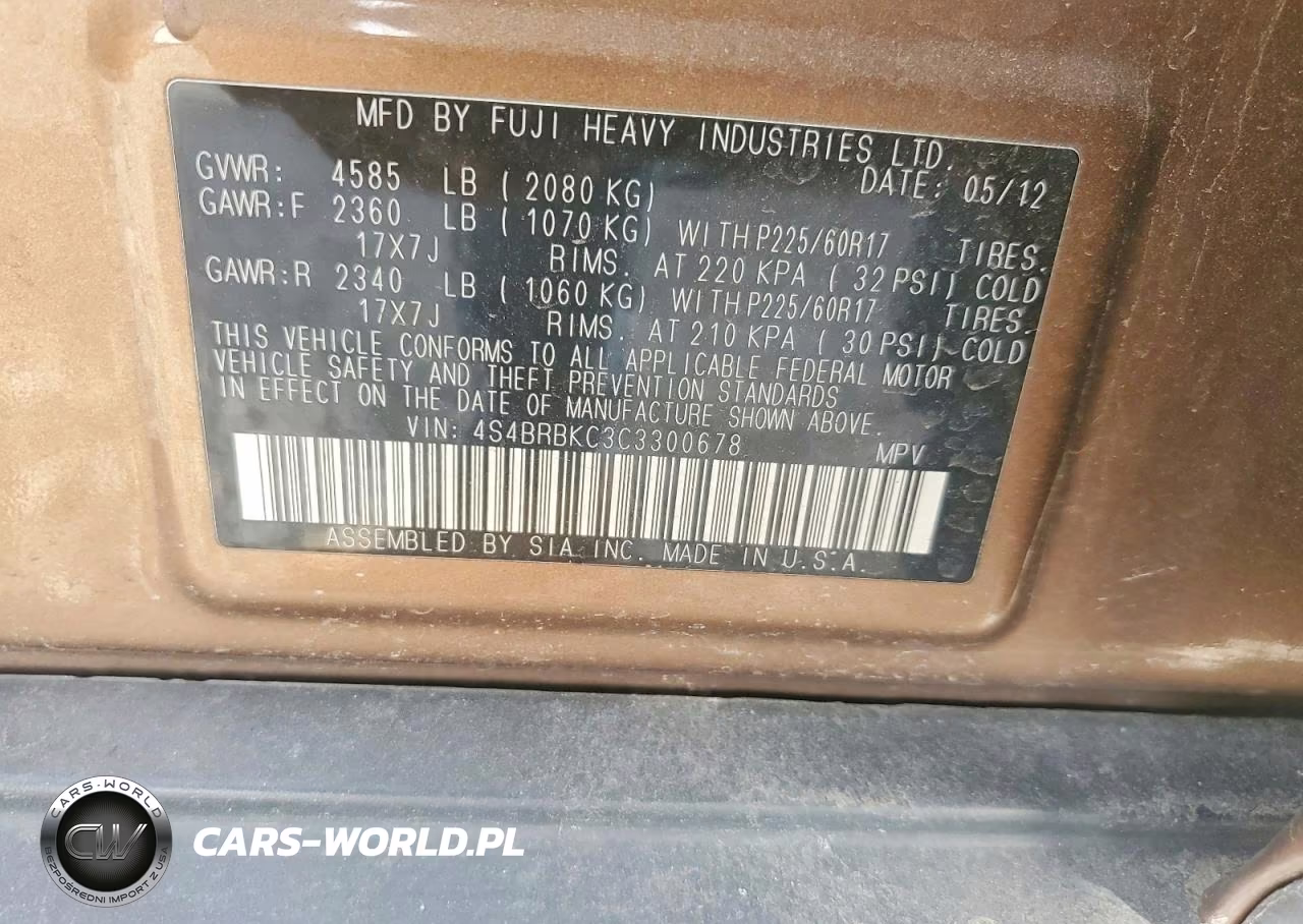 2012 Subaru Outback 2.5I Limited VIN:4S4BRBKC3C3300678 - 12