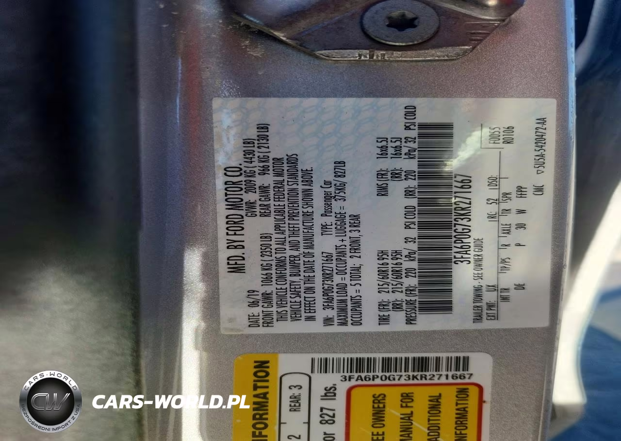2019 FORD FUSION S S VIN:3FA6P0G73KR271667 - 12