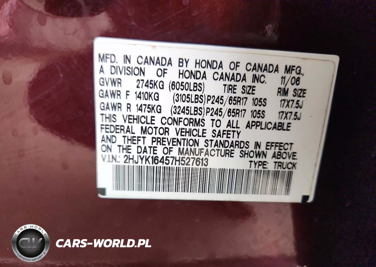 2007 Honda Ridgeline Rts VIN:2HJYK16457H527613 - 12