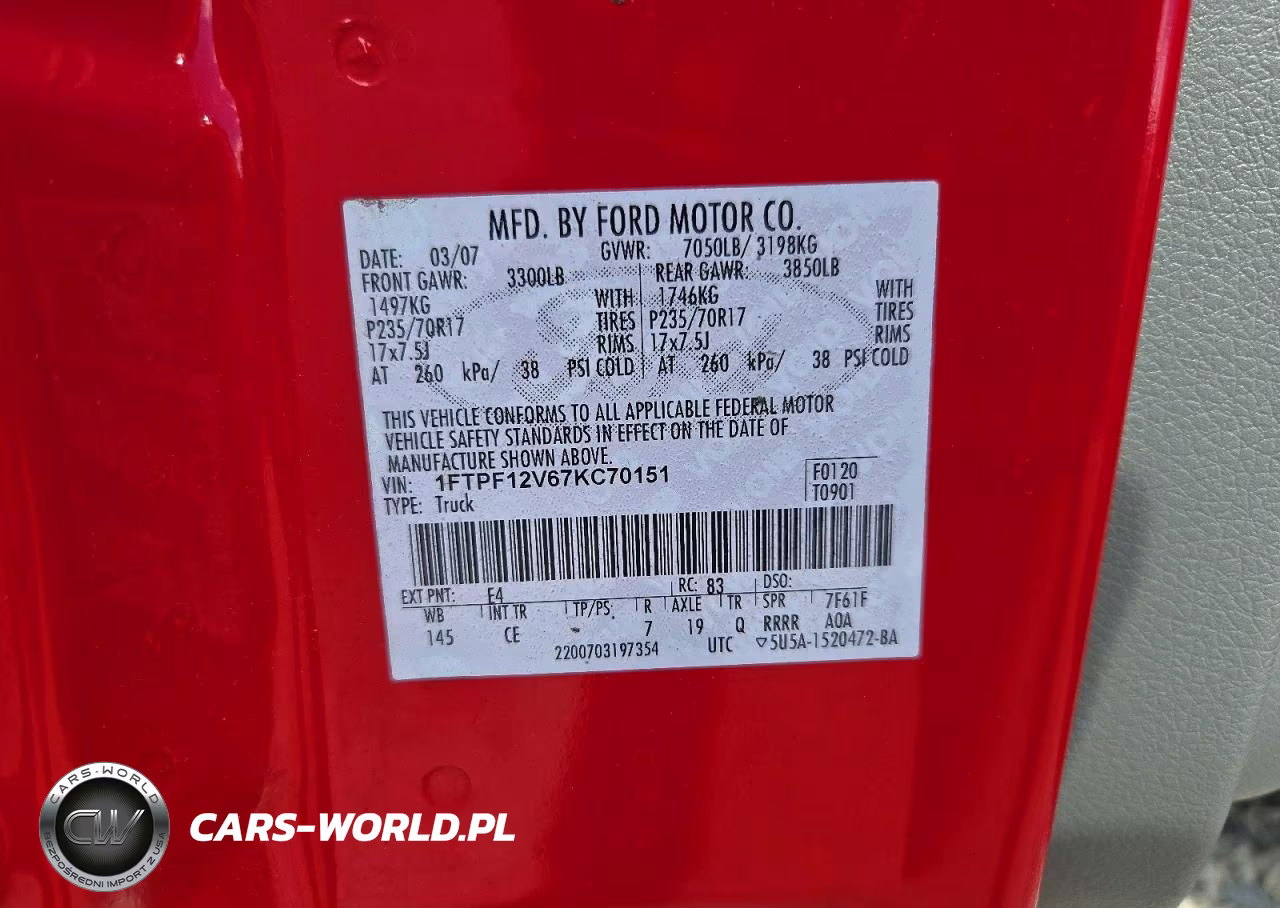 2007 Ford F150 Xl VIN:1FTPF12V67KC70151 - 12