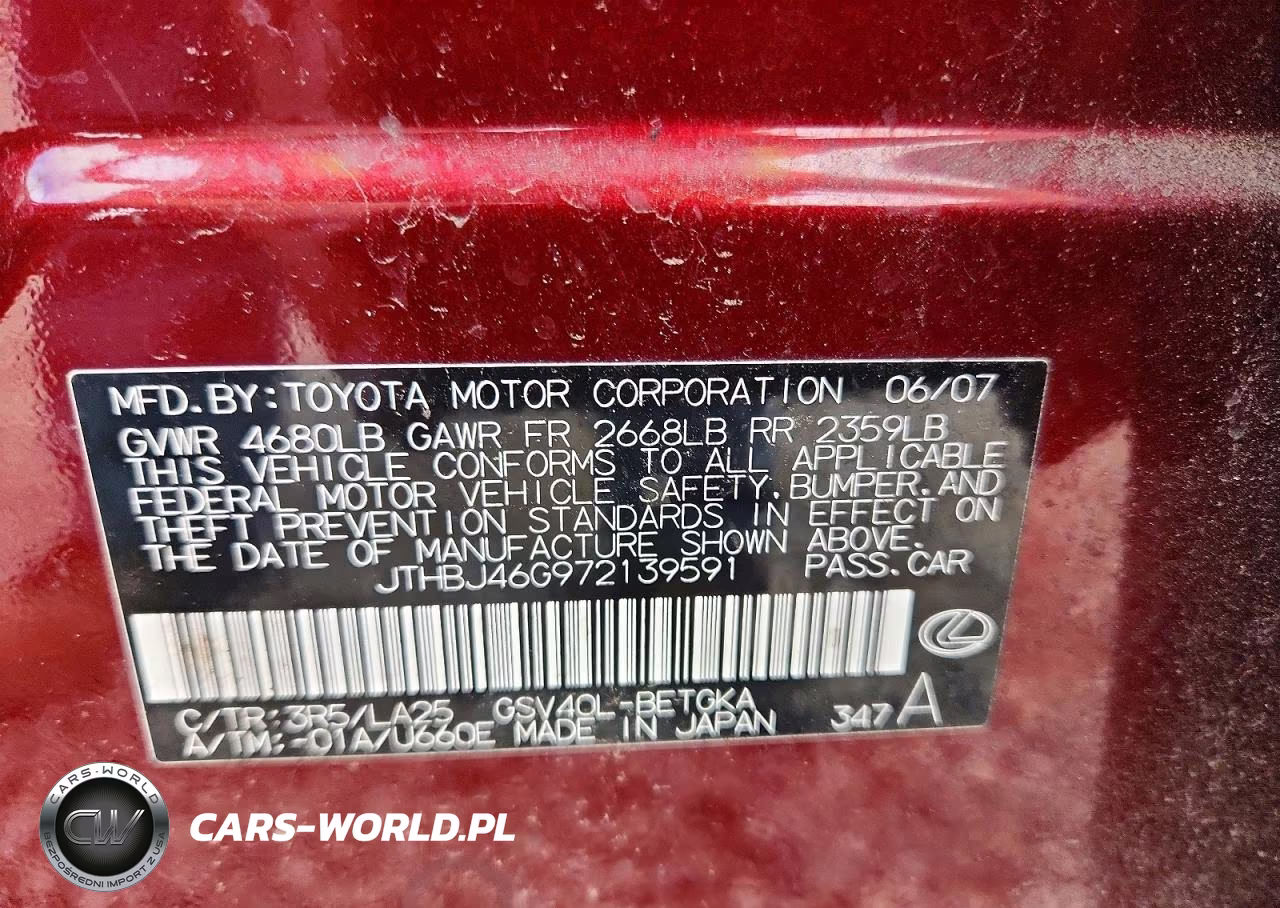 2007 Lexus Es 350 VIN:JTHBJ46G972139591 - 12
