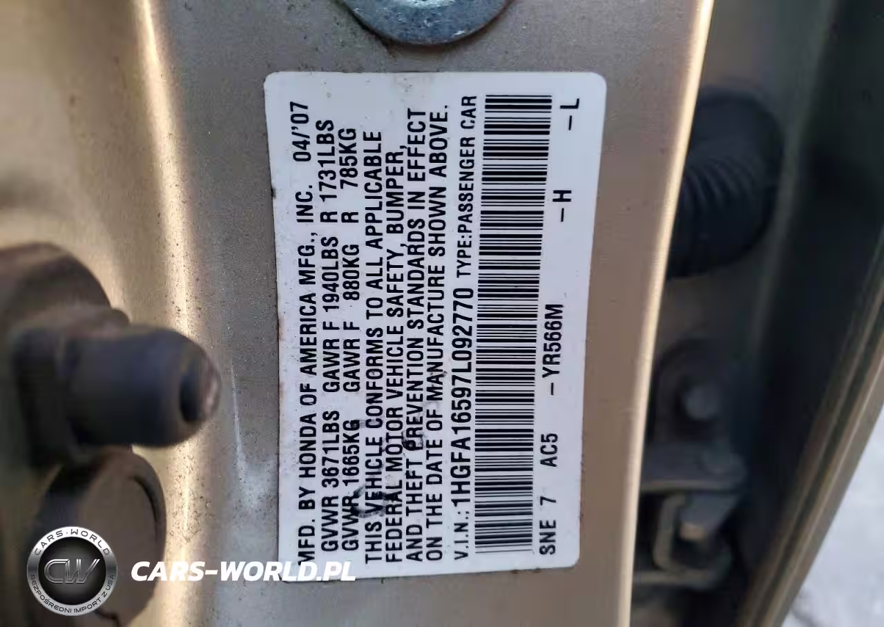 2007 Honda Civic Lx VIN:1HGFA16597L092770 - 12