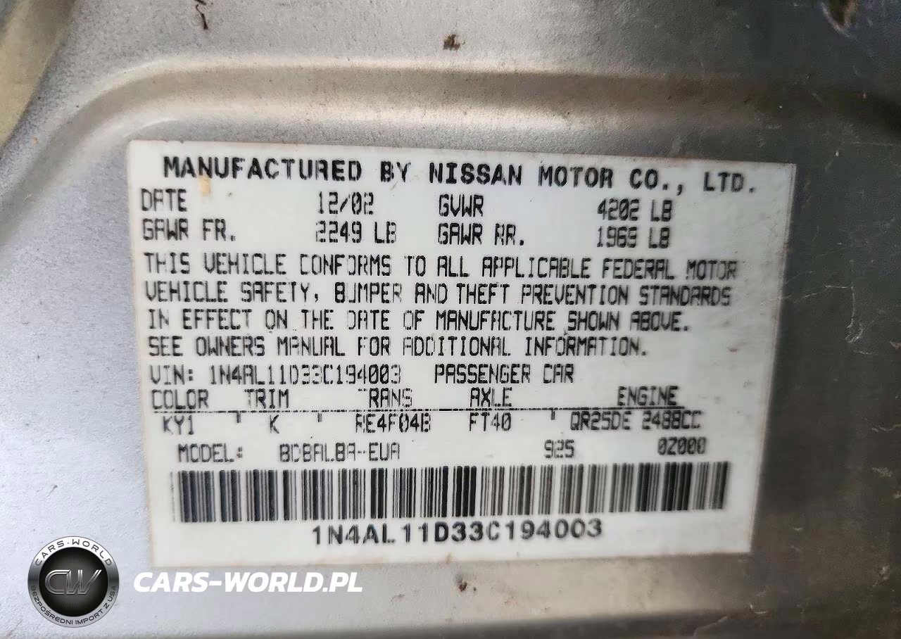 2003 Nissan Altima 2.5 VIN:1N4AL11D33C194003 - 13