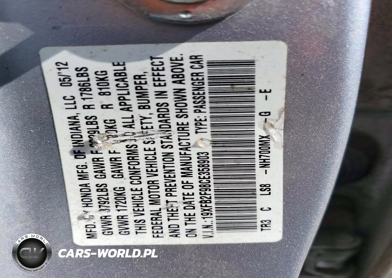 2012 Honda Civic Exl VIN:19XFB2F98CE358903 - 12