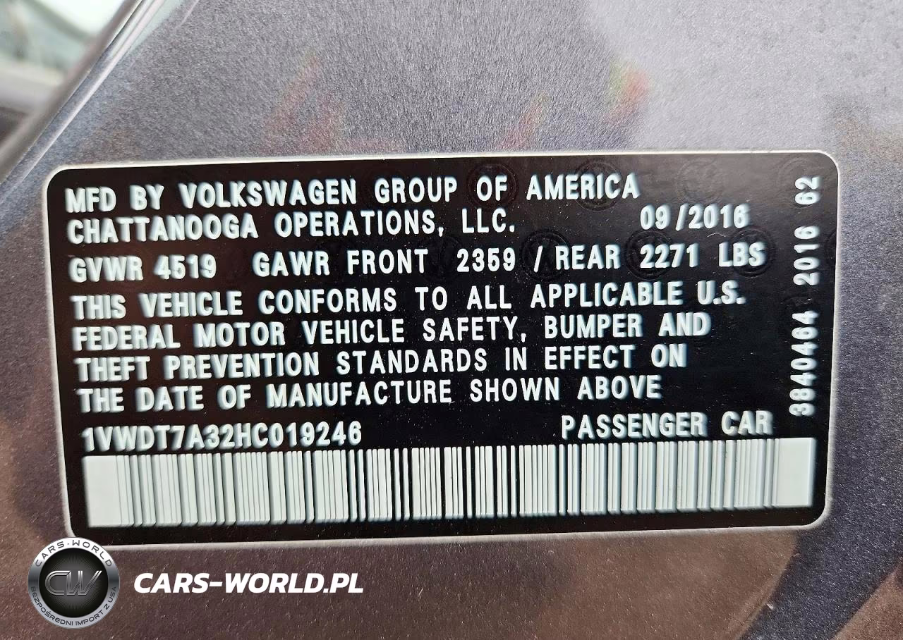 2017 Volk Passat R-L VIN:1VWDT7A32HC019246 - 12
