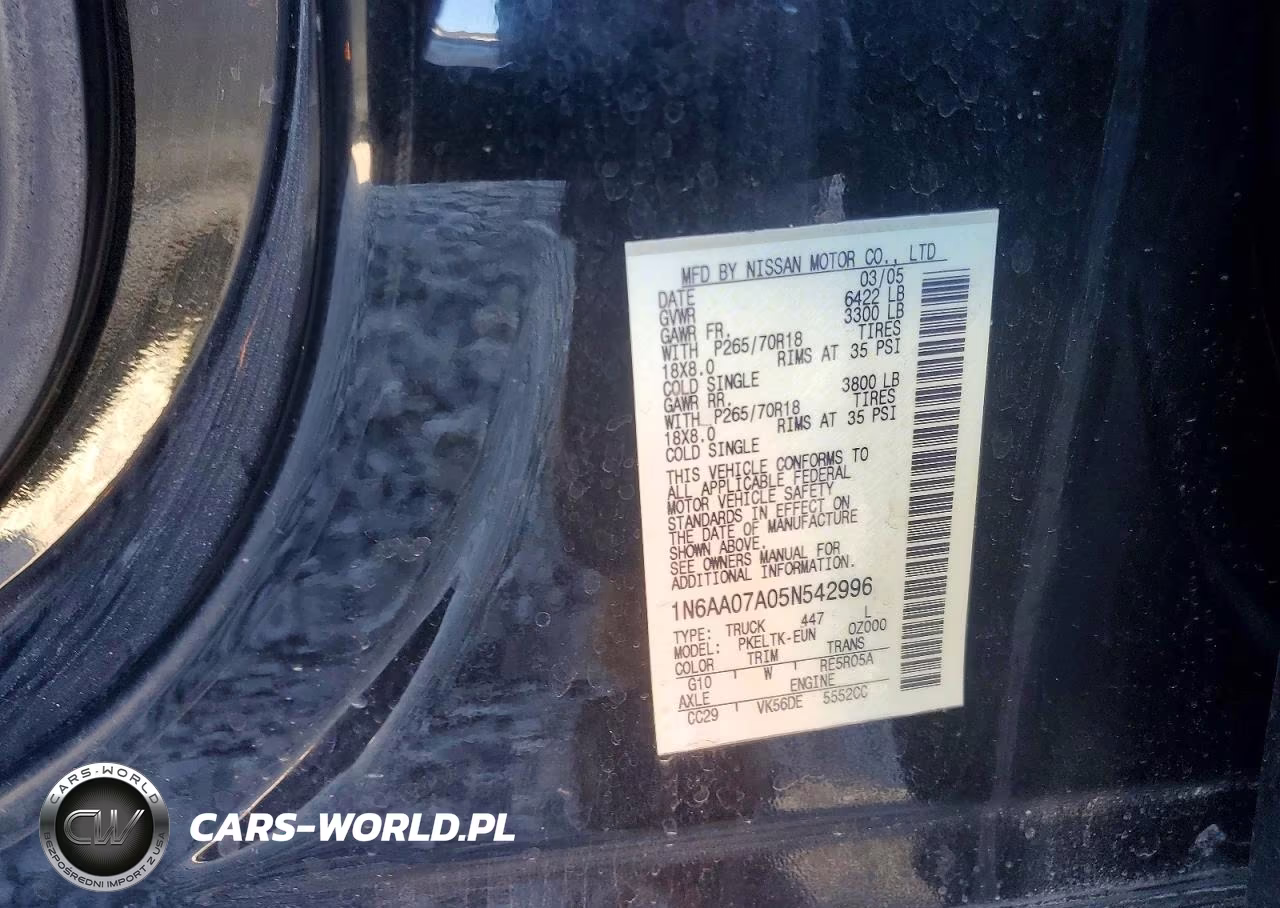 2005 Nissan Titan Xe VIN:1N6AA07A05N542996 - 12