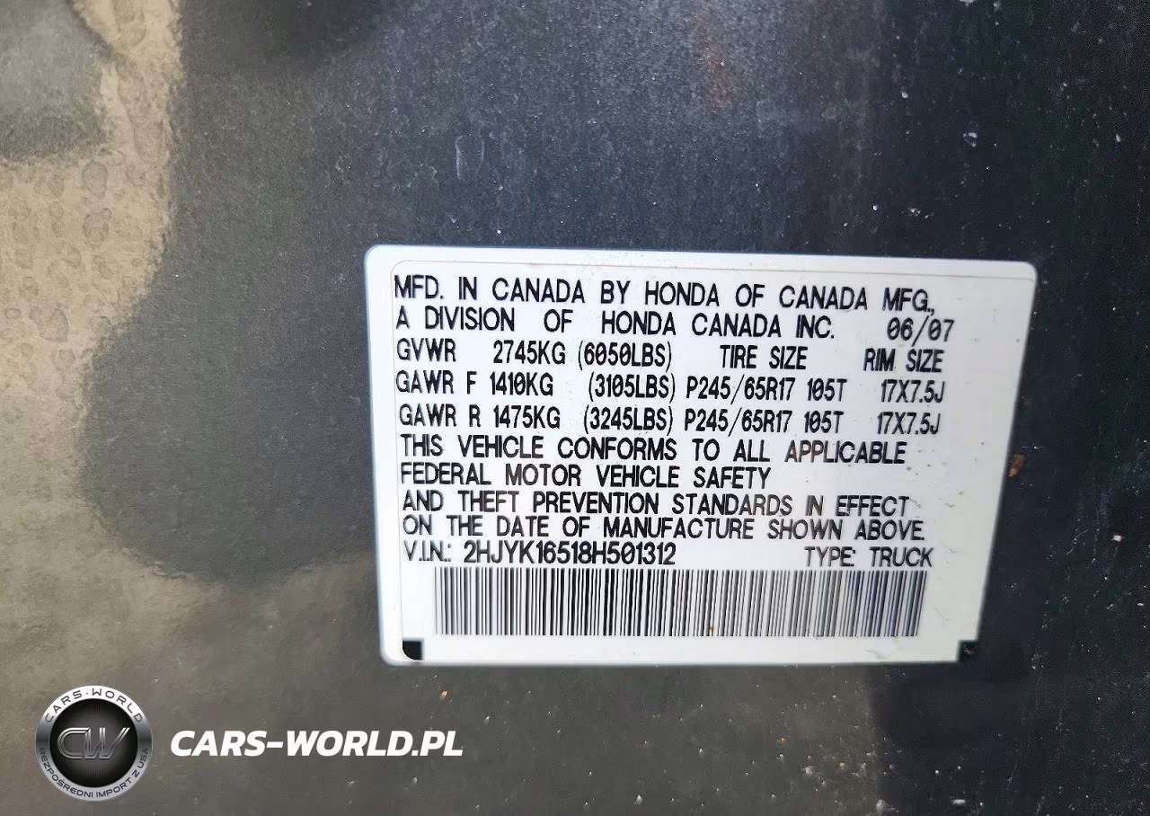 2008 Honda Ridgeline Rtl VIN:2HJYK16518H501312 - 12