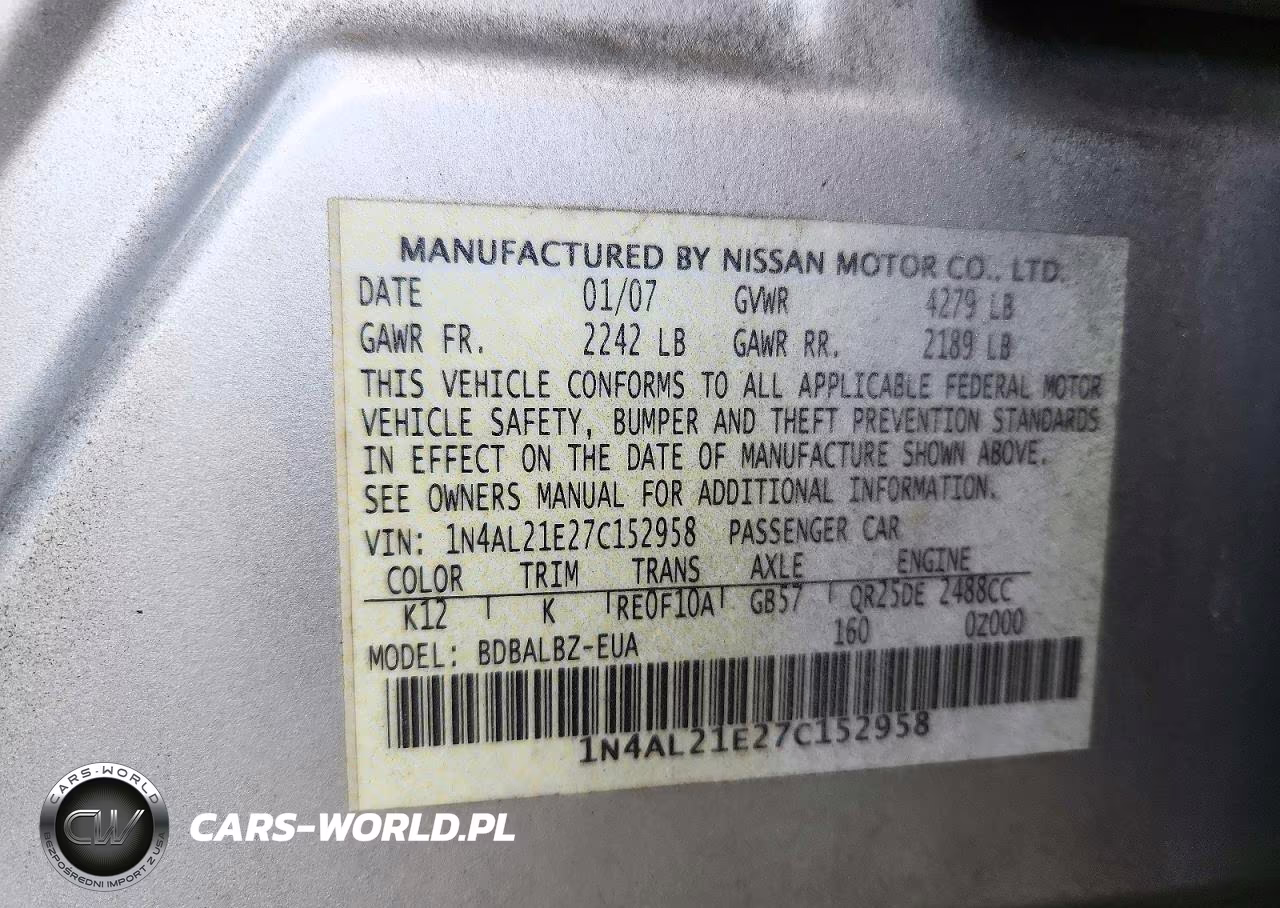2007 Nissan Altima 2.5 VIN:1N4AL21E27C152958 - 12