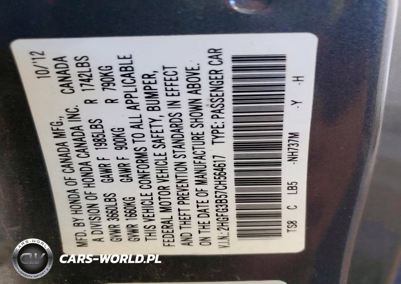 2012 Honda Civic Lx VIN:2HGFG3B57CH564617 - 12