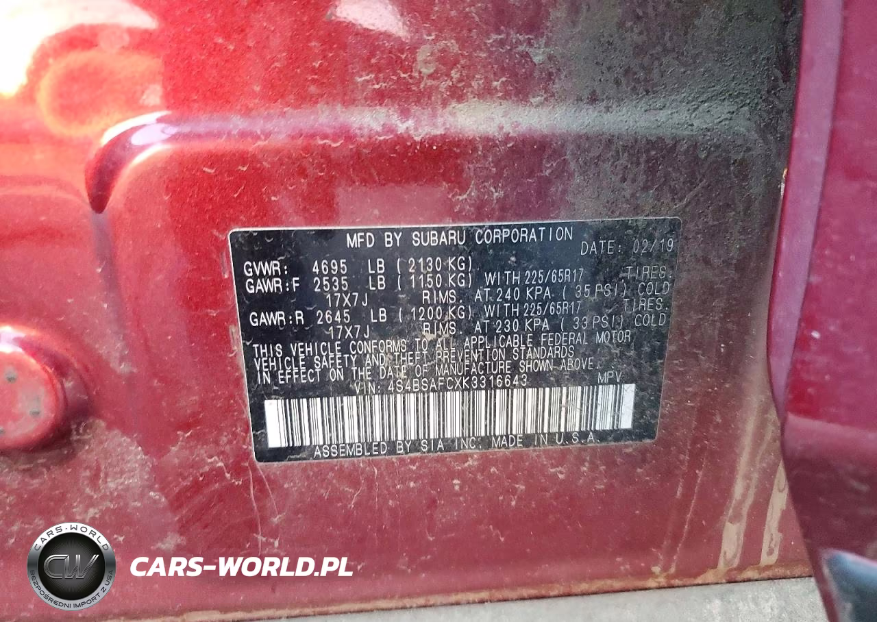 2019 Subaru Outback 2.5I Premium VIN:4S4BSAFCXK3316643 - 12