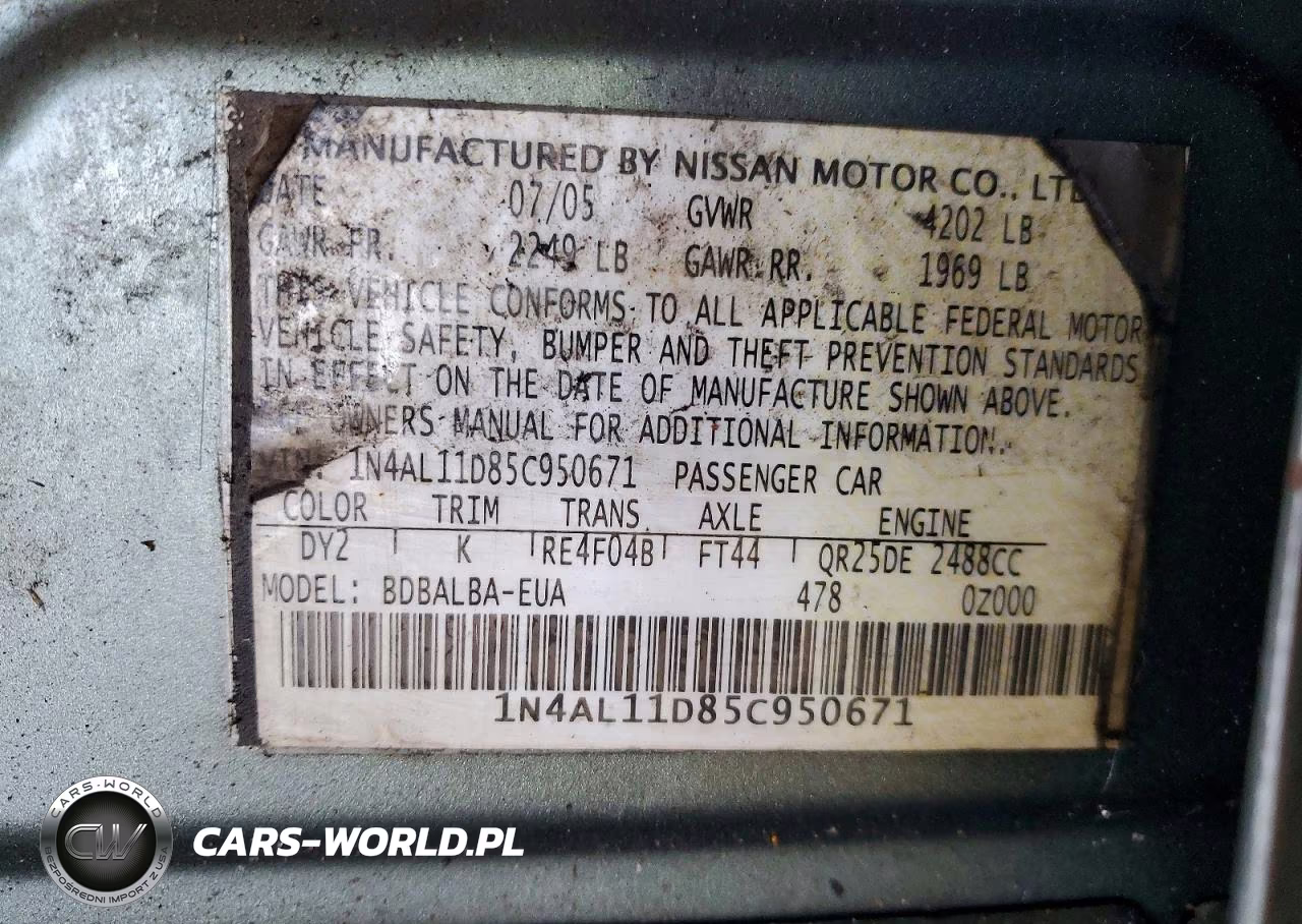 2005 Nissan Altima 2.5 VIN:1N4AL11D85C950671 - 12