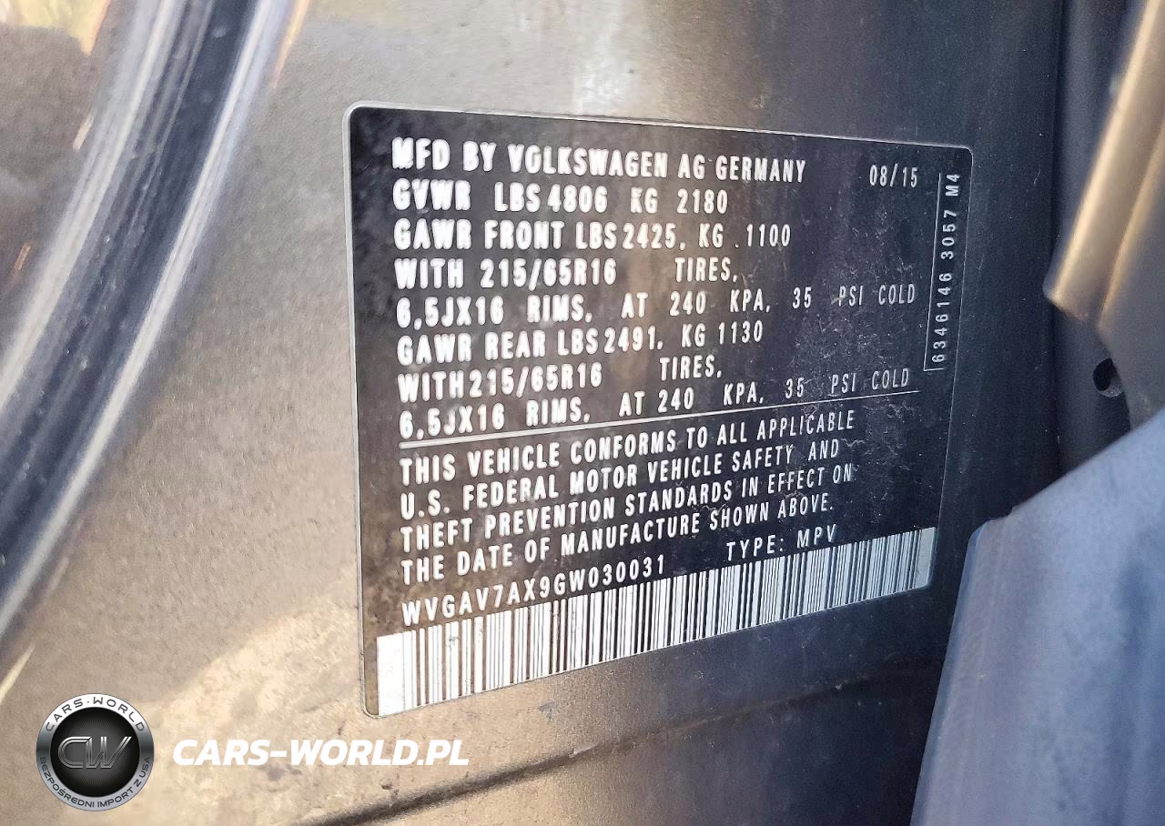 2016 Volkswagen Tiguan S VIN:WVGAV7AX9GW030031 - 12