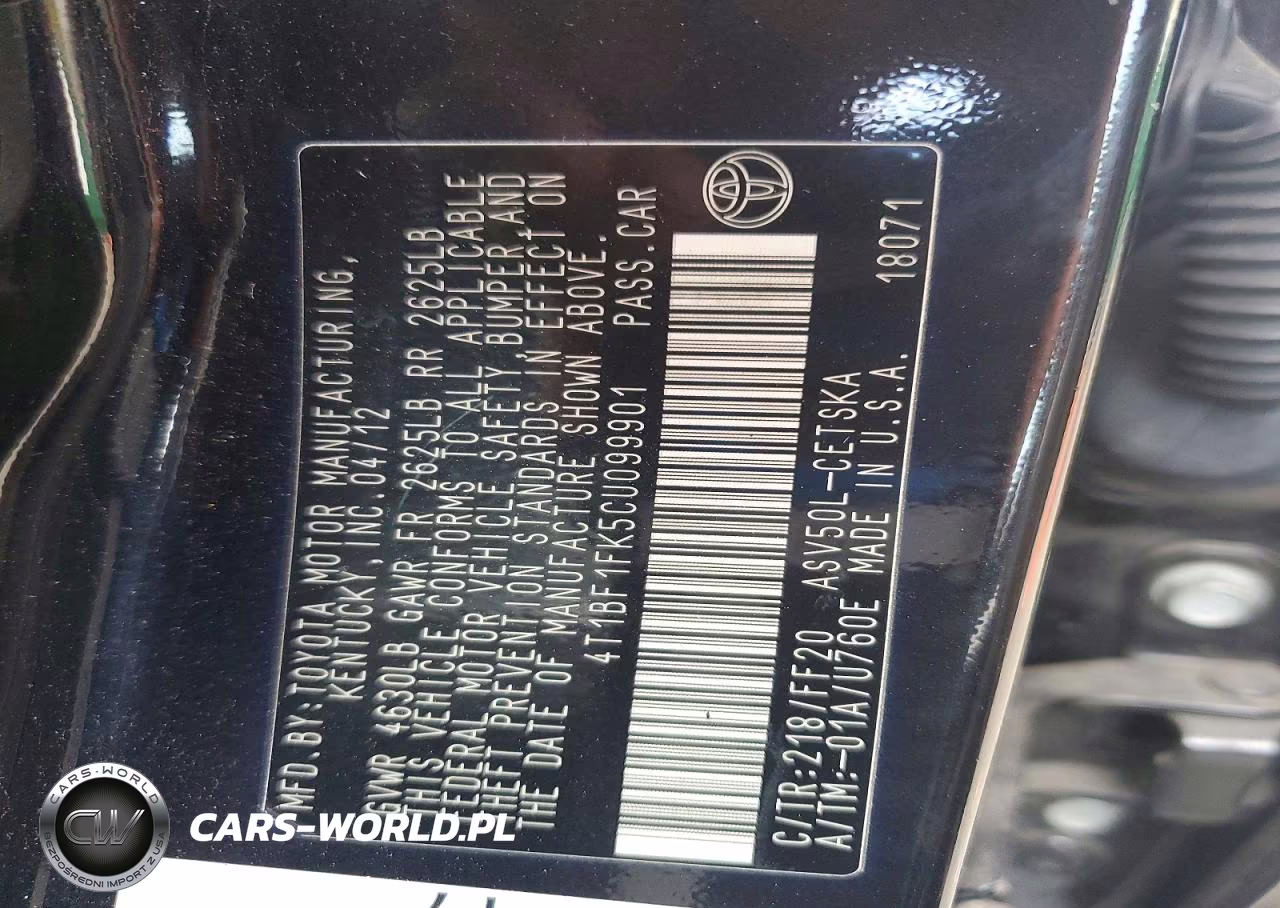 2012 Toyota Camry Se VIN:4T1BF1FK5CU099901 - 12