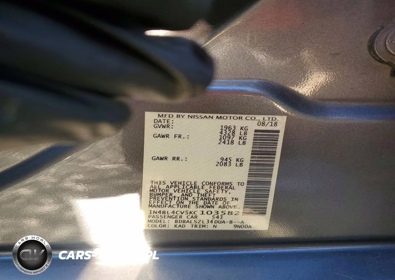 2019 Nissan Altima Sr VIN:1N4BL4CV5KC103582 - 13