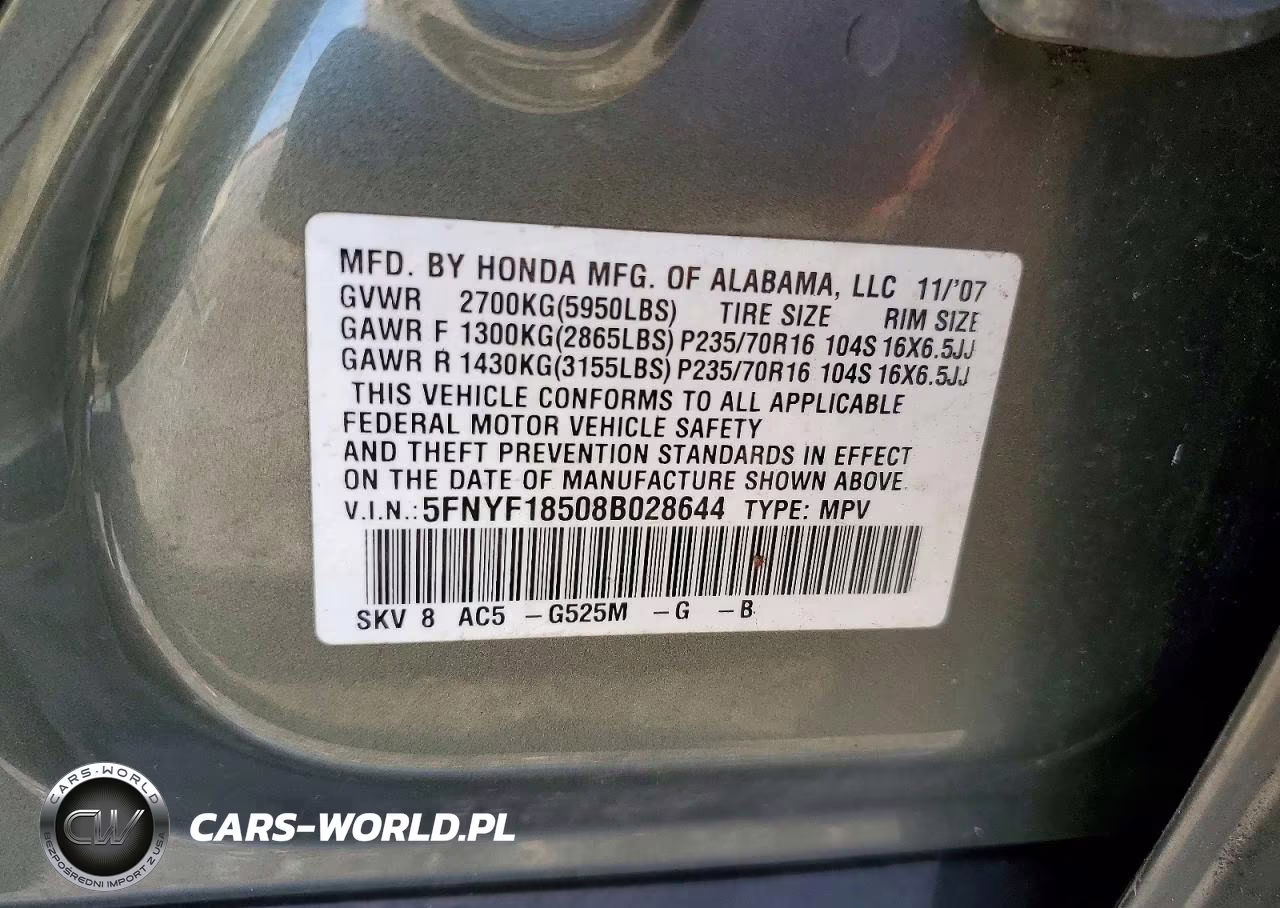 2008 Honda Pilot Exl VIN:5FNYF18508B028644 - 13