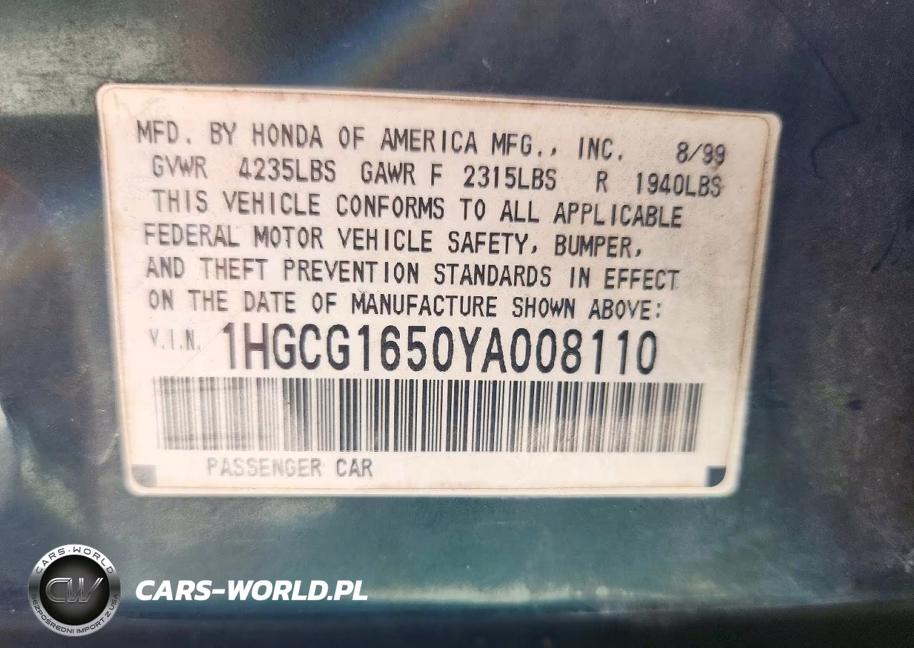2000 Honda Accord Ex VIN:1HGCG1650YA008110 - 12