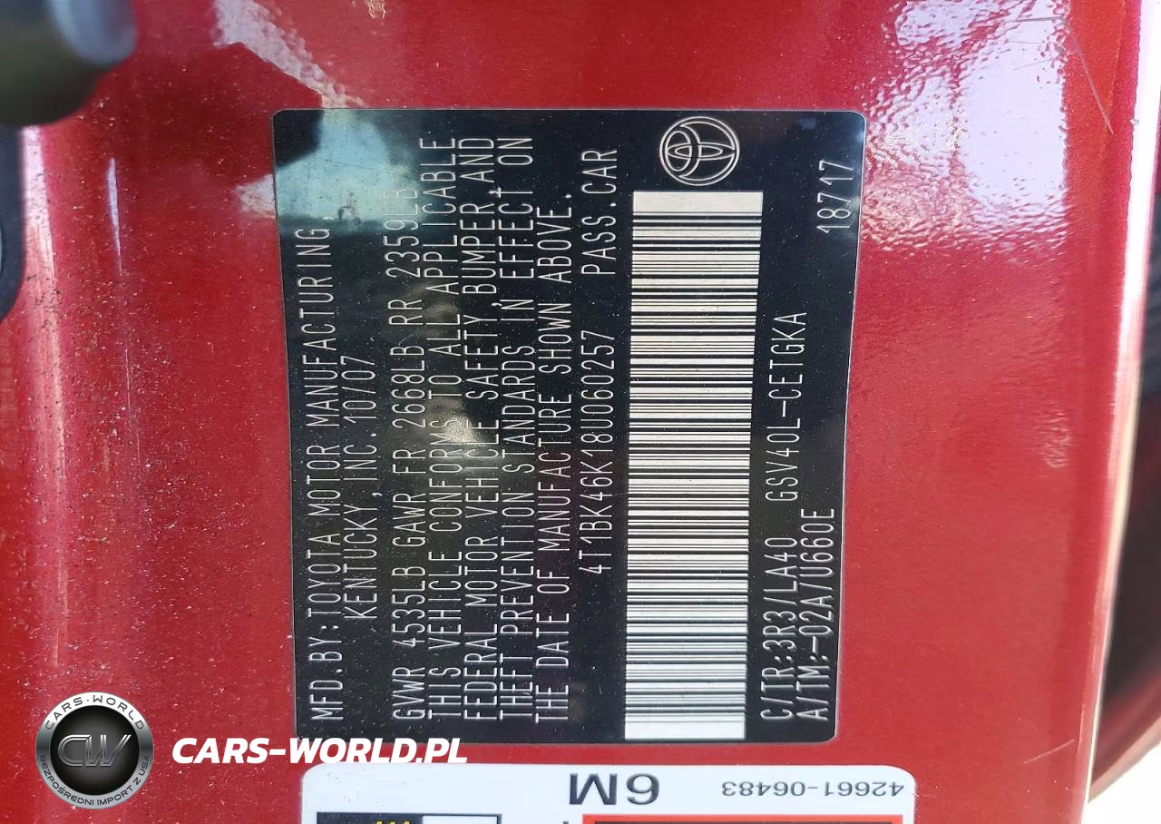 2008 Toyota Camry Xle V6 VIN:4T1BK46K18U060257 - 12
