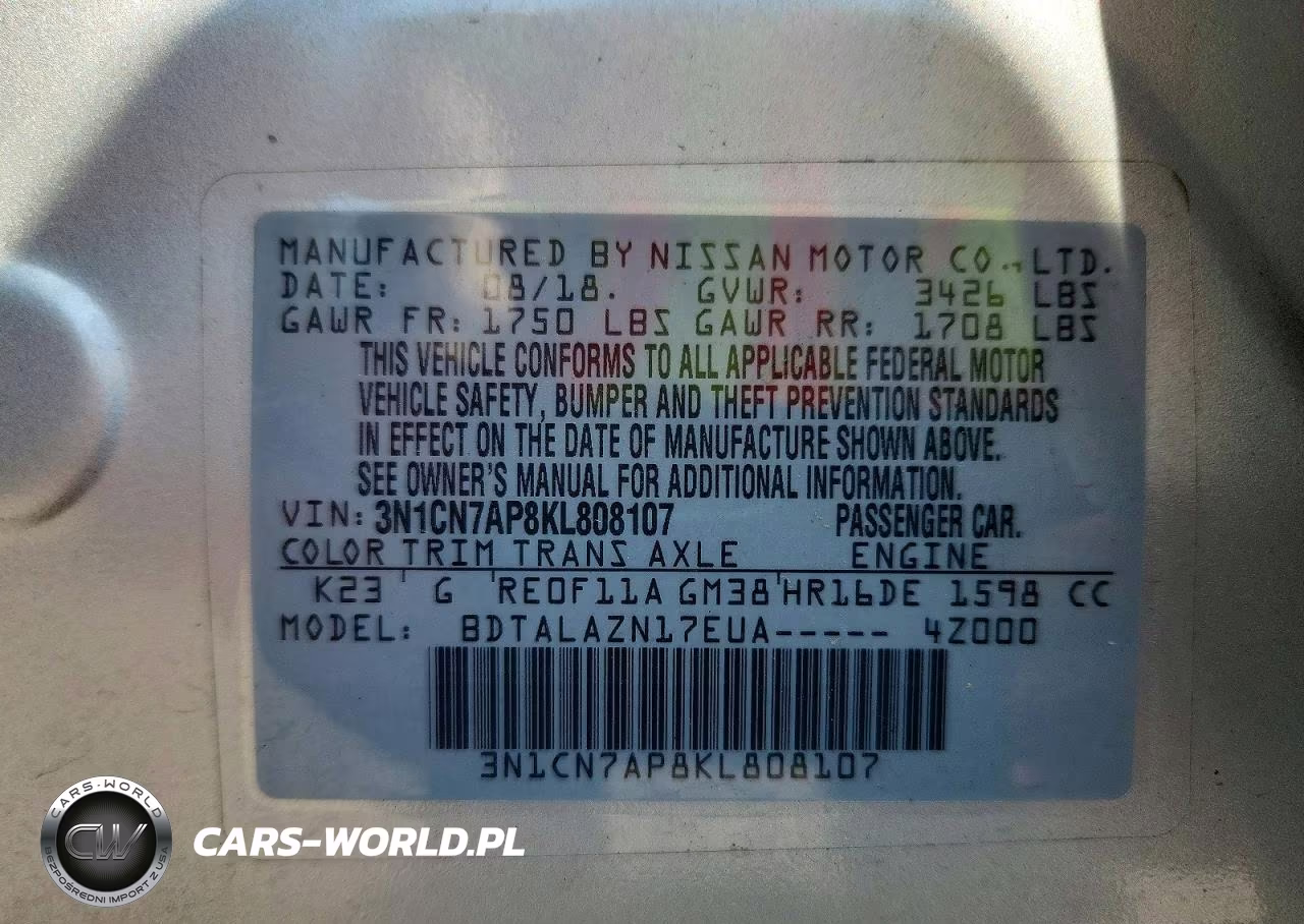 2019 Nissan Versa S Plus VIN:3N1CN7AP8KL808107 - 12
