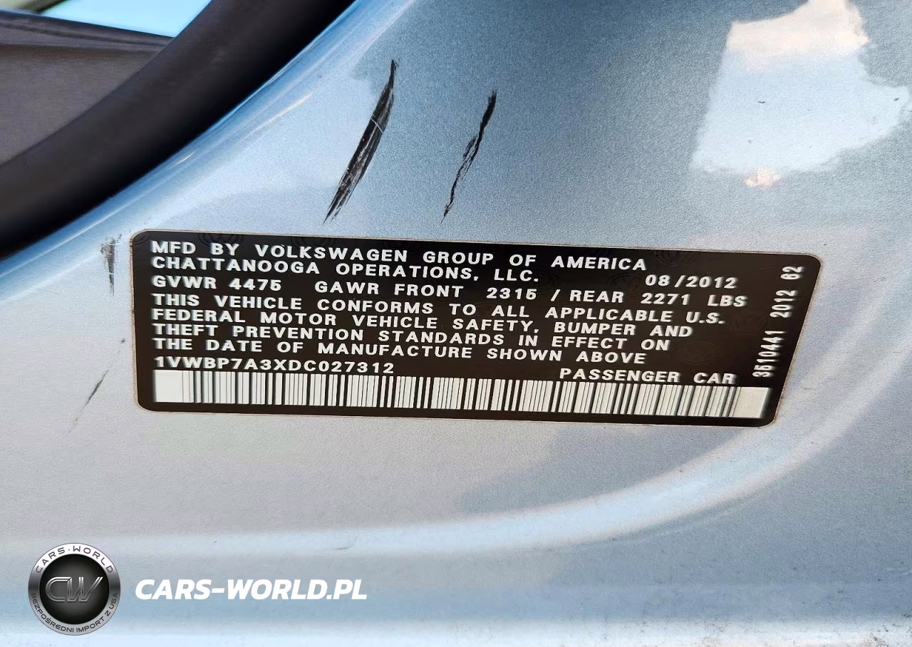 2013 Volkswagen Passat VIN:1VWBP7A3XDC027312 - 12