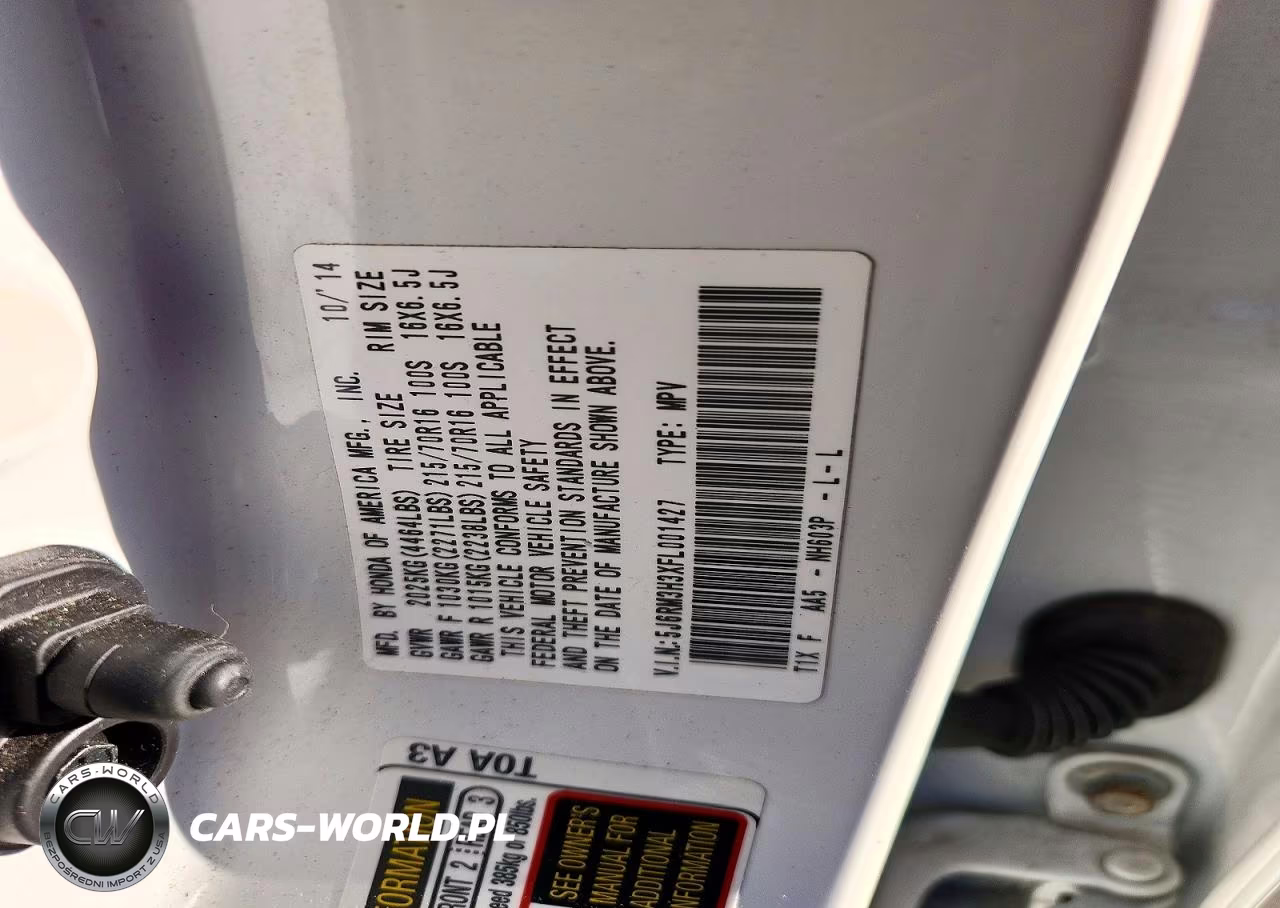 2015 Honda Cr-V Lx VIN:5J6RM3H3XFL001427 - 14