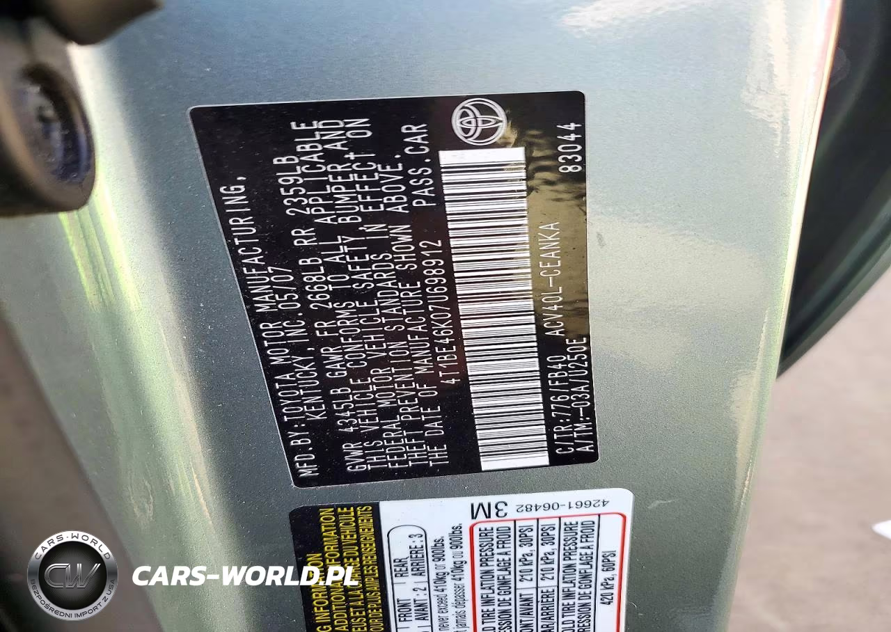 2007 Toyota Camry Le VIN:4T1BE46K07U698912 - 12