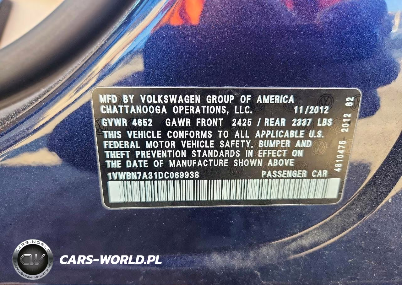 2013 Volkswagen Passat Se VIN:1VWBN7A31DC069938 - 12
