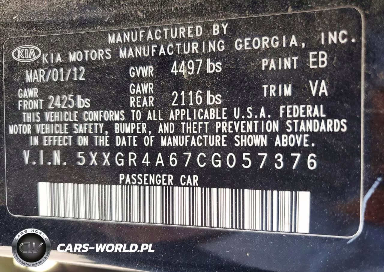 2012 Kia Optima Sx VIN:5XXGR4A67CG057376 - 12