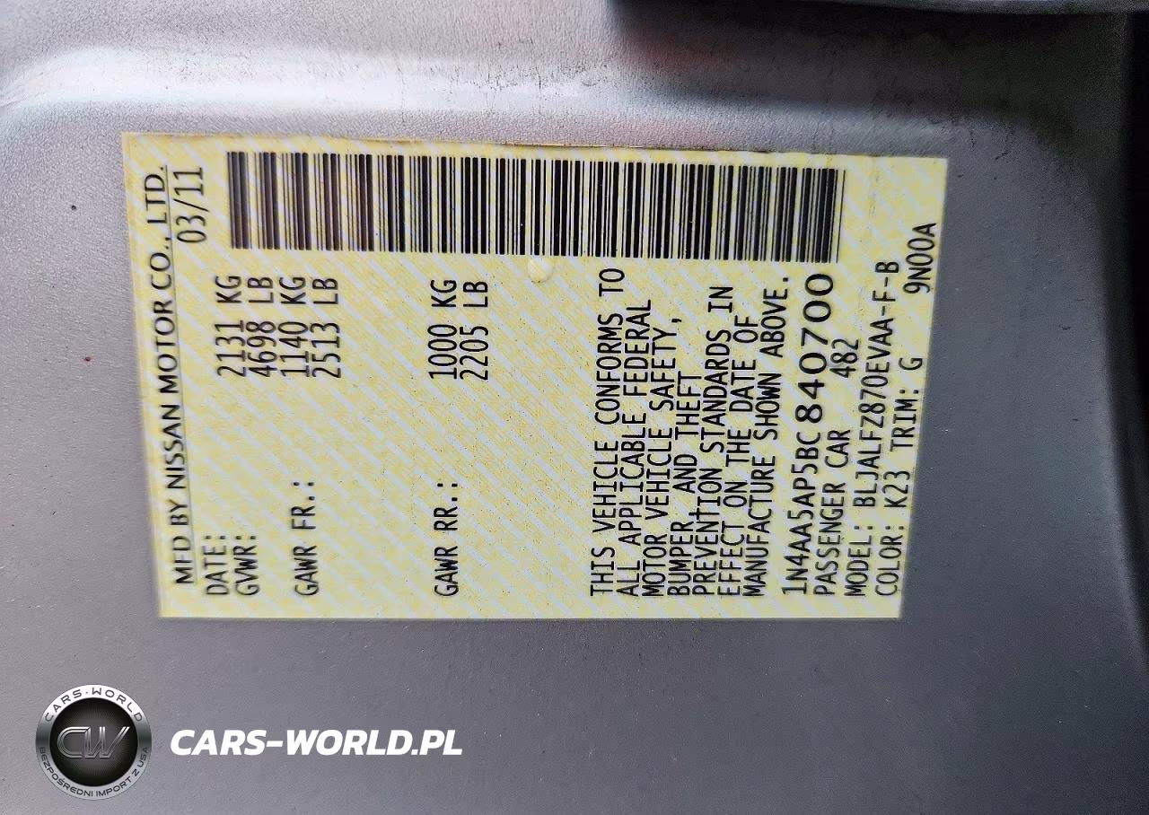 2011 Nissan Maxima 3.5 S VIN:1N4AA5AP5BC840700 - 12
