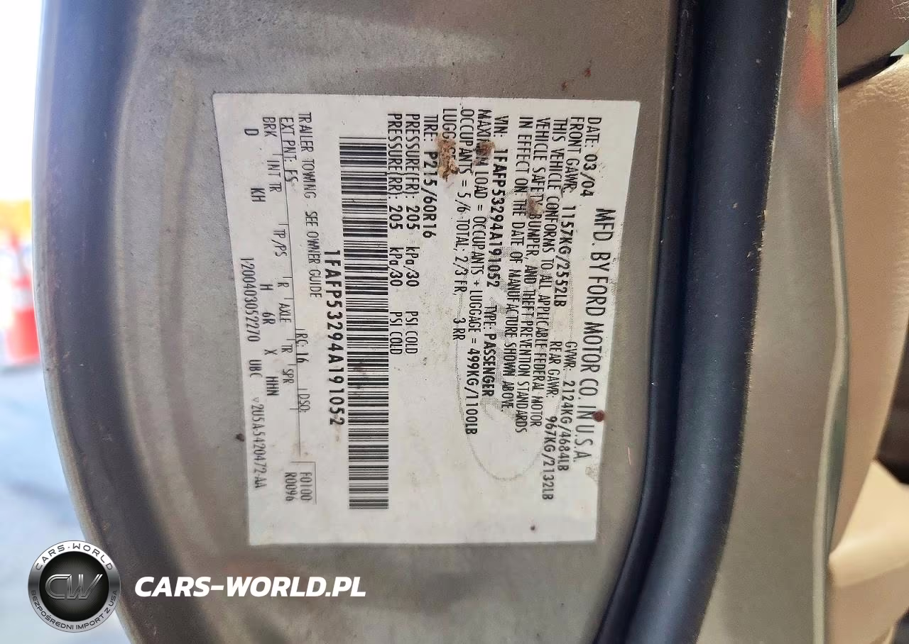 2004 Ford Taurus Se VIN:1FAFP53294A191052 - 12
