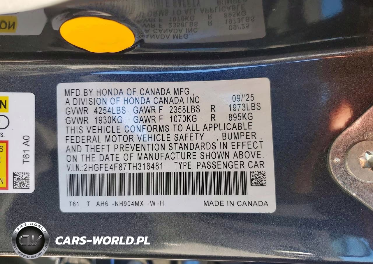 2026 Honda Civic Sport VIN:2HGFE4F87TH316481 - 12