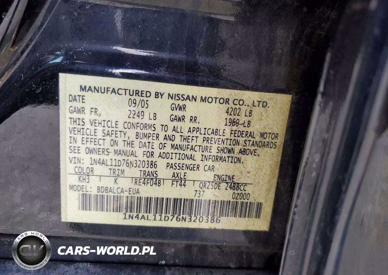 2006 Niss Altima VIN:1N4AL11D76N320386 - 12