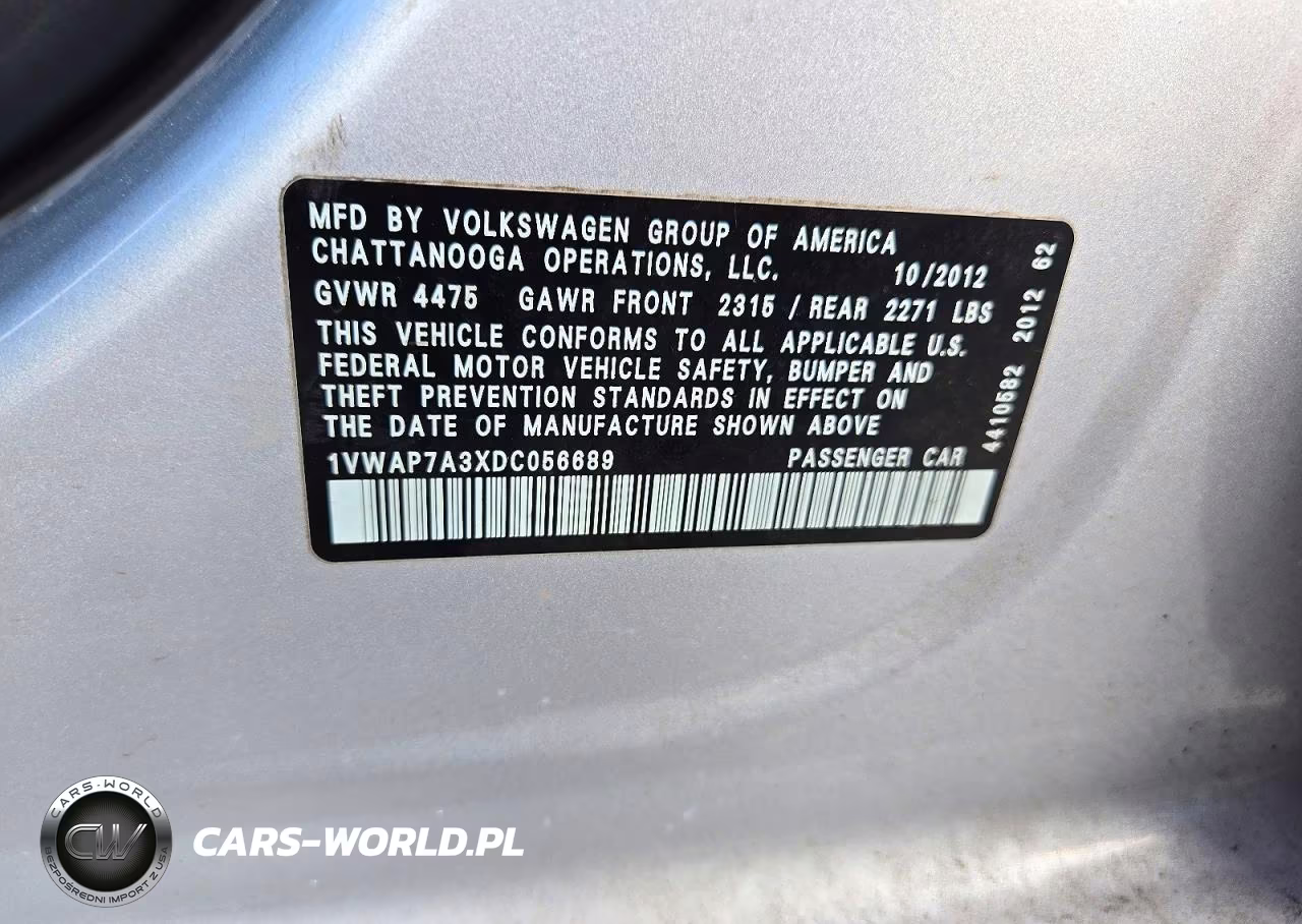 2013 Volkswagen Passat S VIN:1VWAP7A3XDC056689 - 12
