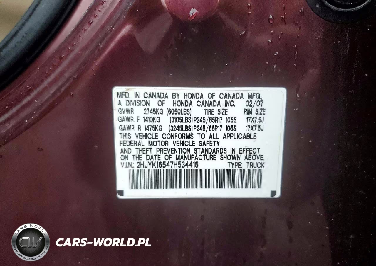 2007 Honda Ridgeline Rtl VIN:2HJYK16547H534416 - 12